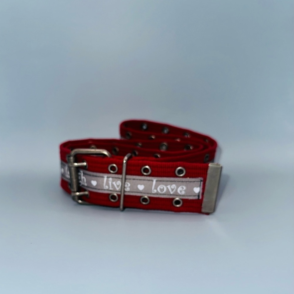 Red belt with ❤️live💜love♥️laugh ribbon. 1.5” wide x 39.5” and super adjustable - Picture 4 of 10